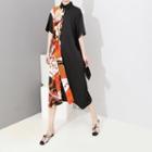 Short-sleeve Print Shirt Dress Black - One Size
