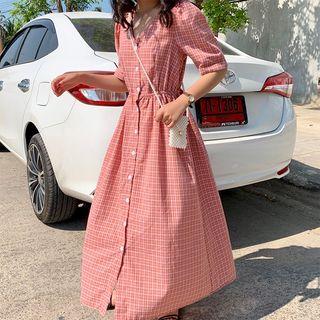 Short-sleeve Plaid Maxi A-line Dress