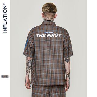 Loose-fit Drawstring-hem Plaid Zipper Shirt