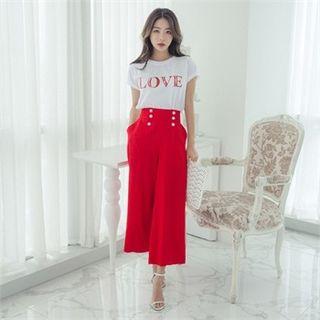 High-waist Buttoned Linen Blend Wide-leg Pants