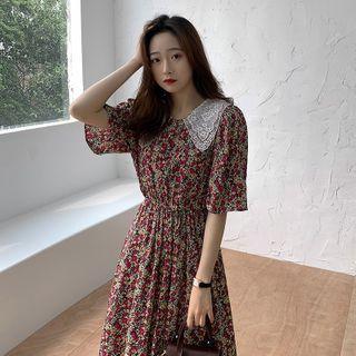 Short-sleeve Floral Pleated A-line Dress Red - One Size