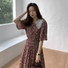 Short-sleeve Floral Pleated A-line Dress Red - One Size