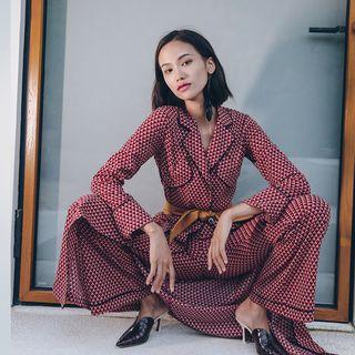 Set: Printed Maxi Dress + Wide-leg Pants