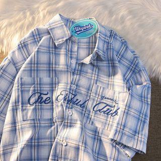 Elbow-sleeve Lettering Embroidered Plaid Shirt