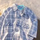 Elbow-sleeve Lettering Embroidered Plaid Shirt