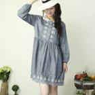 Lace Embroidered Long-sleeve A-line Dress Light Blue - One Size