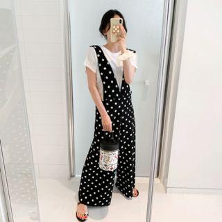 Set: Round-neck Plain T-shirt + V-neck Dotted Jumpsuit