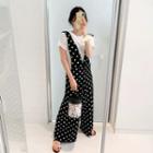 Set: Round-neck Plain T-shirt + V-neck Dotted Jumpsuit