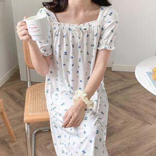 Puff-sleeve Floral Lace Trim Midi Sleep Dress