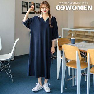 Plus Size Open-placket Piped Long Polo Dress