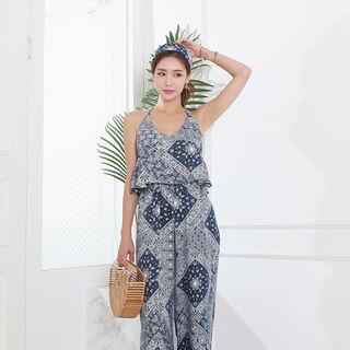 Spaghetti-strap Pattern Jumpsuit With Hair Band