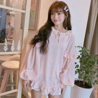 Lantern Sleeve Frill Trim Blouse