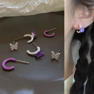 3 Pair Set: Butterfly / Open Hoop Earring 3 Pair - 2771a - White & Purple - One Size