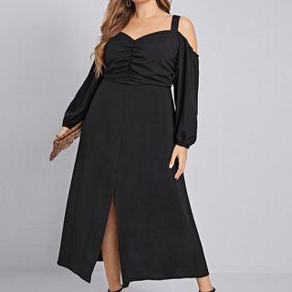 Puff-sleeve Sweetheart Neckline Plain A-line Midi Dress