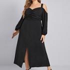 Puff-sleeve Sweetheart Neckline Plain A-line Midi Dress