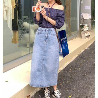 Off-shoulder Floral Printed Halter Top / Denim Slit Midi Skirt