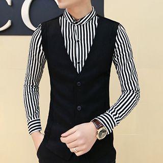 Long-sleeve Pinstriped Mock Two-piece Shirt