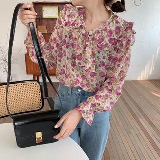Long-sleeve Floral Print Tie-neck Chiffon Blouse