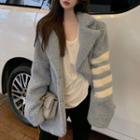 Faux Fur Notch Lapel Striped Jacket / Slit Pants