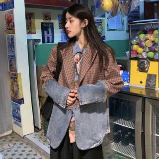 Plaid Denim Panel Blazer