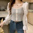 Puff-sleeve Plaid Panel Cropped Blouse