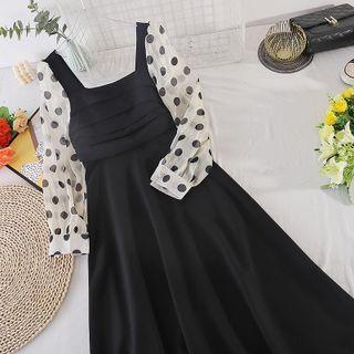 Mesh Dots Long-sleeve Panel Plain Dress