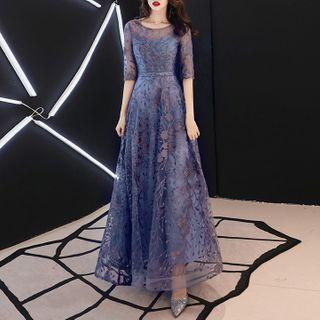 Elbow-sleeve Evening Gown / High-low Evening Dress