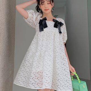 Puff-sleeve Ribbon Mini A-line Dress