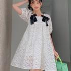 Puff-sleeve Ribbon Mini A-line Dress