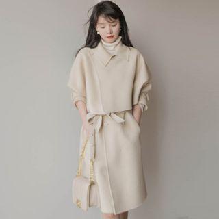 Set: Double Breast Tie-waist Vest Dress + Cropped Jacket