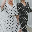 Set: V-neck Dotted Elbow-sleeve Top + High Waist Dotted Pencil Skirt