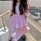 Short-sleeve Plaid Lace Trim Blouse / Midi A-line Skirt