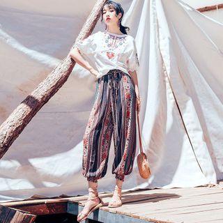 Embroidered Elbow-sleeve Top / Harem Pants / Set