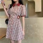 Short-sleeve Plaid Cutout Slim-fit Dress Red - One Size