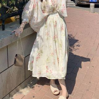 Floral Midi A-line Skirt Skirt - Pink Floral - Beige - One Size