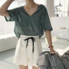 Elbow-sleeve Hooded Top / Wide-leg Shorts