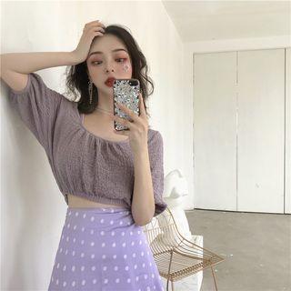 Elbow-sleeve Cropped Top / Polka Dot A-line Midi Skirt
