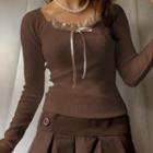 Long Sleeve Lace-panel Bow-detail Knit Top