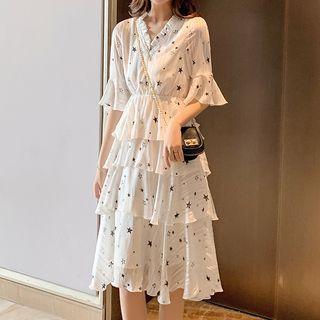 Short-sleeve Star Patterned Tiered Dress