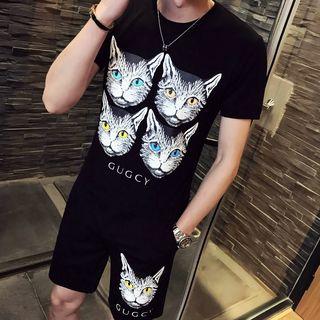 Set: Cat Printed Short-sleeve T-shirt + Shorts