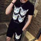 Set: Cat Printed Short-sleeve T-shirt + Shorts