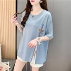 Elbow-sleeve Embroidered Zip T-shirt