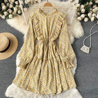 Stand-collar Ruched Floral Long-sleeve Dress