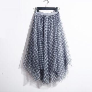 Plaid Asymmetrical Mesh Midi A-line Skirt