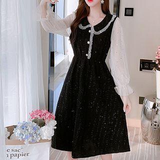 Long-sleeve Mesh Panel Seqined A-line Dress