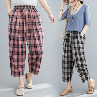 Band-waist Plaid Cropped Harem Pants