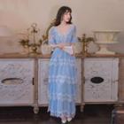 Lace Trim Flared-sleeve Maxi A-line Dress
