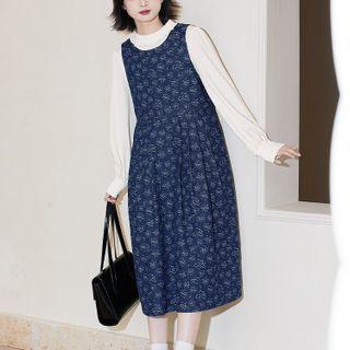 Patterned Denim Midi A-line Overall Dress