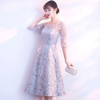 Leaf Embroidered Elbow-sleeve Midi Cocktail Dress