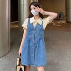 Denim Jumper Skirt / Peter Pan Collar Short-sleeve Shirt